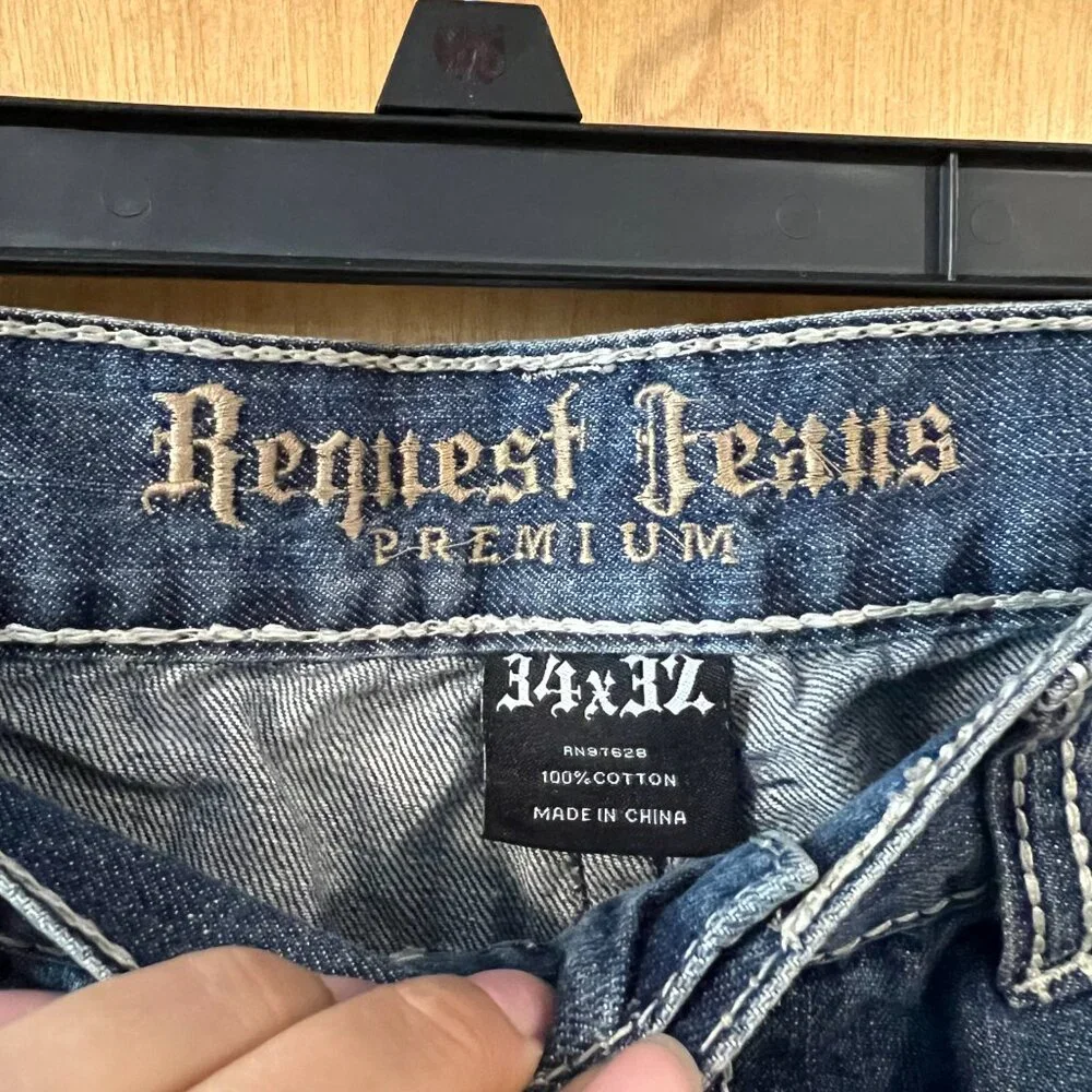 Request Men's Blue Straight Relaxed Distressed Stonewashed Denim Jeans 34 x 32